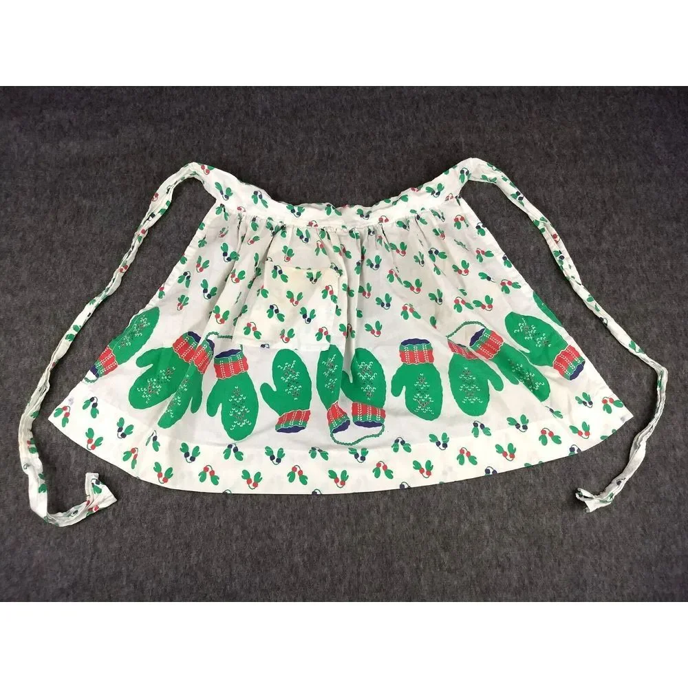 Vintage Cloth HALF APRON Holiday Christmas Lights Mittens White Green Red Pocket
